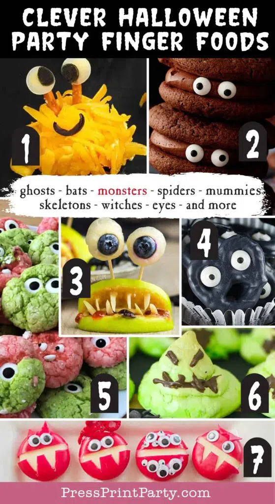 Halloween party finger foods treats and appetizers ideas Halloween Mini Monster Cheese  Monster Mouths  Halloween Monster Eye Pretzels  Halloween Eyeball Cookies Oogie Boogie Meringue Cookies  Babybel Cheese Monsters  Cake Mix Halloween Monster Cookies Press Print Party!