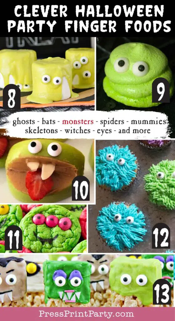 Halloween party finger foods treats and appetizers ideas Blobby Meringue Cookies  Silly Apple Bites  Halloween Monsters Marshmallows  Simple Monster Cupcakes  Hotel Transylvania Rice Treats Press Print Party!