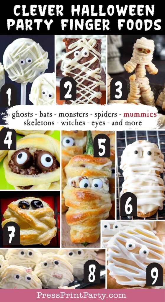 Halloween party finger foods treats and appetizers ideas Easy Oreo Mummy Pops  Mummy Brownies  Halloween Mummy Hot Dogs  Mummy Meatballs Halloween Appetizer  Halloween Bacon Jalapeno Poppers Mummies  Mummy Cookies  Halloween Puff Pastry Mummy Cheese Wheels  Halloween Truffles  Halloween Mummy Treats Press Print Party!