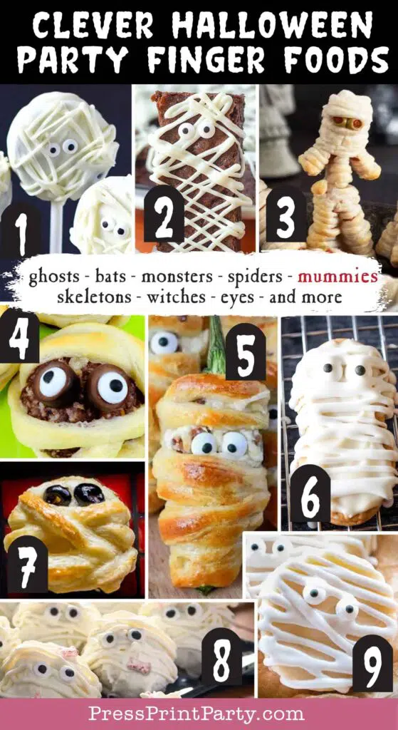 Halloween party finger foods treats and appetizers ideas Easy Oreo Mummy Pops  Mummy Brownies  Halloween Mummy Hot Dogs  Mummy Meatballs Halloween Appetizer  Halloween Bacon Jalapeno Poppers Mummies  Mummy Cookies  Halloween Puff Pastry Mummy Cheese Wheels  Halloween Truffles  Halloween Mummy Treats Press Print Party!