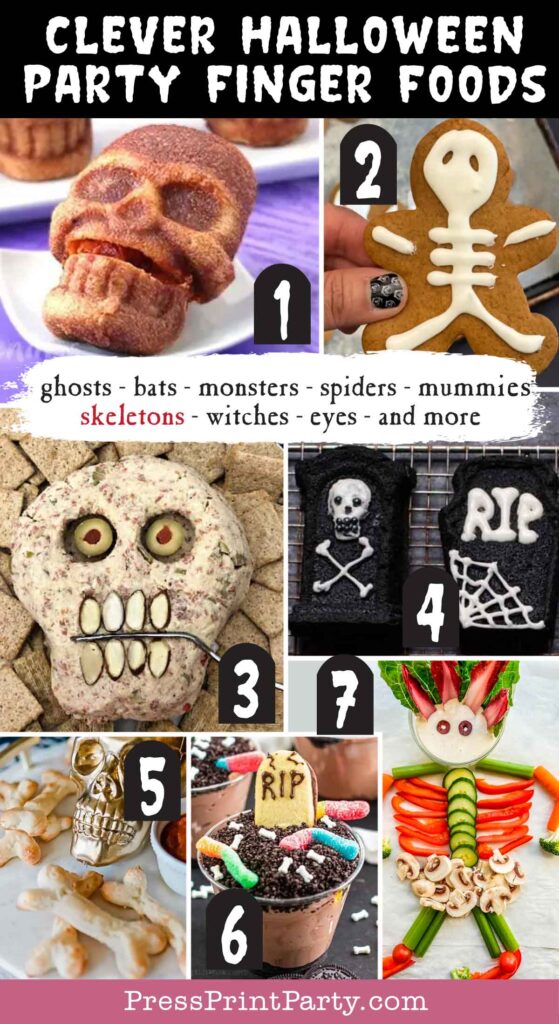 Halloween party finger foods treats and appetizers ideas Stuffed Pizza Skulls  Gingerbread Skeleton  Pepperoni Skull Cheese Ball  Pumking Tombstone Cakes  Graveyard Kids Puding  Halloween Bone Breadsticks  Skeleton Veggie Tray  Press Print Party!