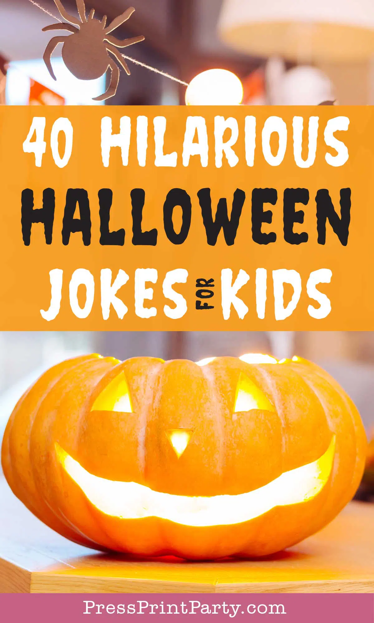 40 funny halloween jokes for kids - corny halloween jokes for kids - smiling pumpkin - Press Print Party