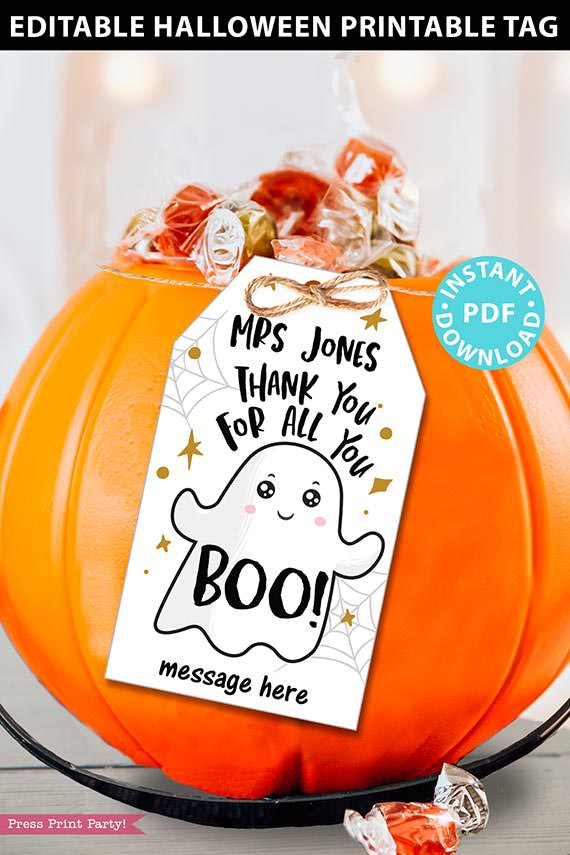 EDITABLE Halloween Tag Printable, Thanks for all you Boo, Teacher Appreciation Halloween Favors, Thank You Goodie Bag, INSTANT DOWNLOAD