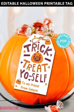 EDITABLE Halloween Tag Printable, Trick or Treat Yo self, Halloween Party Favors, Goodie Bag, Kids Halloween, Treat Bag, INSTANT DOWNLOAD