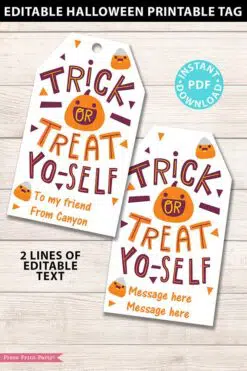 EDITABLE Halloween Tag Printable, Trick or Treat Yo self, Halloween Party Favors, Goodie Bag, Kids Halloween, Treat Bag, INSTANT DOWNLOAD