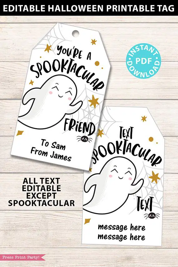 EDITABLE Halloween Tag Printable Template, Spooktacular Ghost, Halloween Party Favors, Treat Goodie Bag, Kids Halloween, INSTANT DOWNLOAD