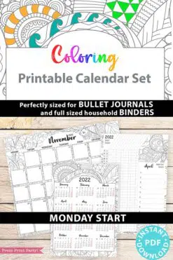 MONDAY Start 2022 Printable Calendar Template Set, Adult Coloring Pages, Bullet Journal Printable, Monthly & Daily Routine, INSTANT DOWNLOAD press print party