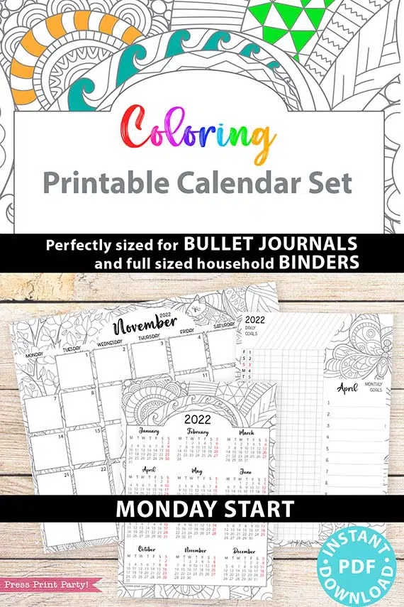 MONDAY Start 2022 Printable Calendar Template Set, Adult Coloring Pages, Bullet Journal Printable, Monthly & Daily Routine, INSTANT DOWNLOAD press print party