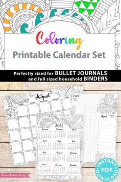 2022 Printable Calendar Template Set, Adult Coloring Pages, Bullet Journal, Monthly Calendar, Daily Routine Tracker, INSTANT DOWNLOAD Press Print Party