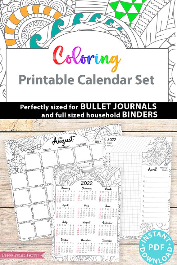 Free Printable Coloring Calendar 2022 2022 Calendar Printable Set, Adult Coloring - Press Print Party!