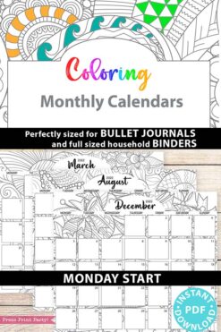 MONDAY Start 2021-2022 Monthly Calendar Printable, Monthly Planner Template, Adult Coloring Pages, Bullet Journal, INSTANT DOWNLOAD press print party