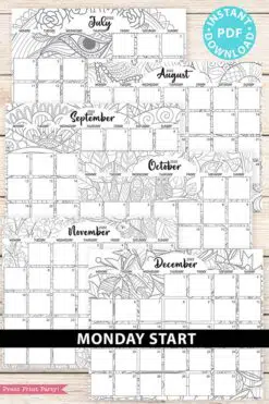 MONDAY Start 2021-2022 Monthly Calendar Printable, Monthly Planner Template, Adult Coloring Pages, Bullet Journal, INSTANT DOWNLOAD press print party