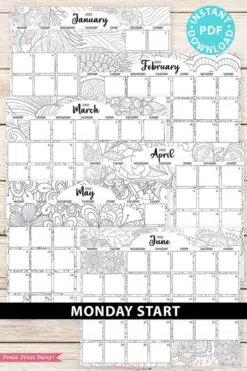 MONDAY Start 2021-2022 Monthly Calendar Printable, Monthly Planner Template, Adult Coloring Pages, Bullet Journal, INSTANT DOWNLOAD press print party