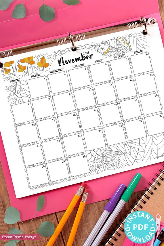 MONDAY Start 2021-2022 Monthly Calendar Printable, Monthly Planner Template, Adult Coloring Pages, Bullet Journal, INSTANT DOWNLOAD press print party