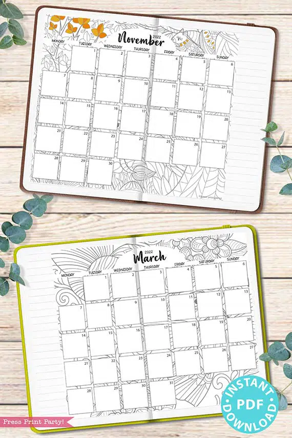 MONDAY Start 2021-2022 Monthly Calendar Printable, Monthly Planner Template, Adult Coloring Pages, Bullet Journal, INSTANT DOWNLOAD press print party