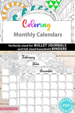 2021-2022 Monthly Calendar Printable, Monthly Planner Template, Adult Coloring Pages, Bullet Journal, Sunday, INSTANT DOWNLOAD press print party