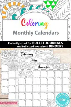 2021-2022 Monthly Calendar Printable, Monthly Planner Template, Adult Coloring Pages, Bullet Journal, Sunday, INSTANT DOWNLOAD press print party