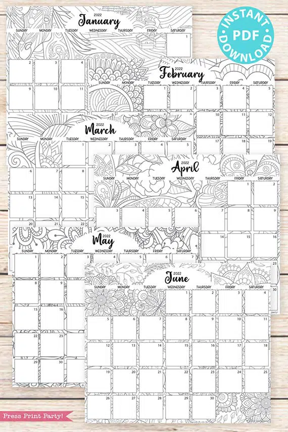 2021-2022 Monthly Calendar Printable, Monthly Planner Template, Adult Coloring Pages, Bullet Journal, Sunday, INSTANT DOWNLOAD press print party