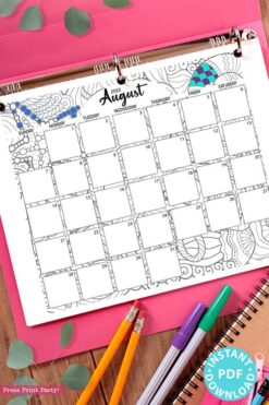 2021-2022 Monthly Calendar Printable, Monthly Planner Template, Adult Coloring Pages, Bullet Journal, Sunday, INSTANT DOWNLOAD press print party