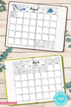 2021-2022 Monthly Calendar Printable, Monthly Planner Template, Adult Coloring Pages, Bullet Journal, Sunday, INSTANT DOWNLOAD press print party