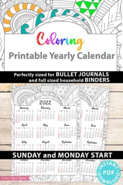 2022 Yearly Calendar Template Printable, Adult Coloring Page, Bullet Journal Printable Calendar Insert, One Page Calendar, INSTANT DOWNLOAD