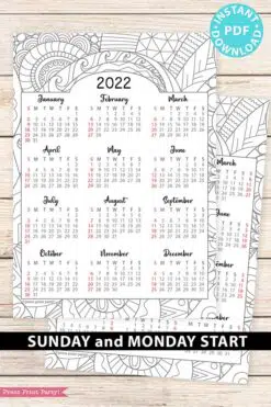 2022 Yearly Calendar Template Printable, Adult Coloring Page, Bullet Journal Printable Calendar Insert, One Page Calendar, INSTANT DOWNLOAD