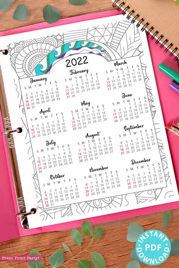 2022 Yearly Calendar Template Printable, Adult Coloring Page, Bullet Journal Printable Calendar Insert, One Page Calendar, INSTANT DOWNLOAD