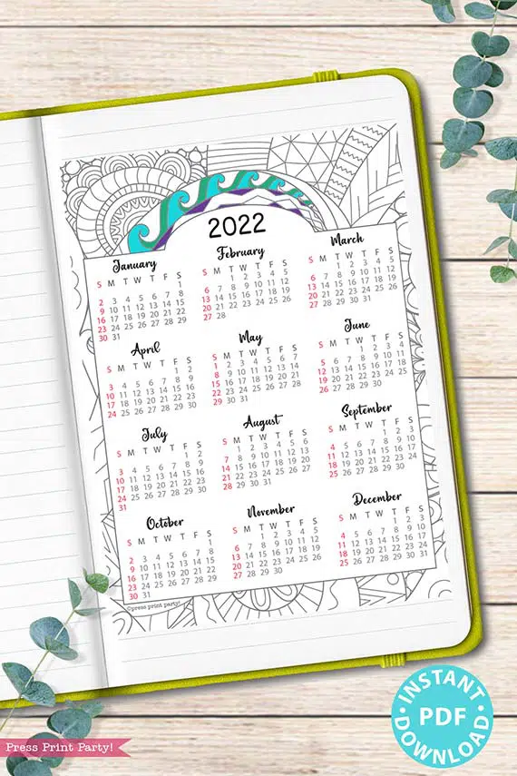 2022 Calendar Printable Set, Adult Coloring - Press Print Party!