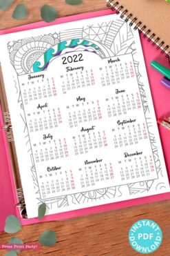 2022 Yearly Calendar Template Printable, Adult Coloring Page, Bullet Journal Printable Calendar Insert, One Page Calendar, INSTANT DOWNLOAD