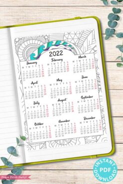 2022 Yearly Calendar Template Printable, Adult Coloring Page, Bullet Journal Printable Calendar Insert, One Page Calendar, INSTANT DOWNLOAD