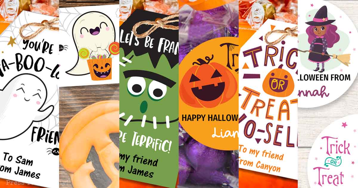 halloween treat bag tags, halloween treat bag labels and bag toppers Press Print Party