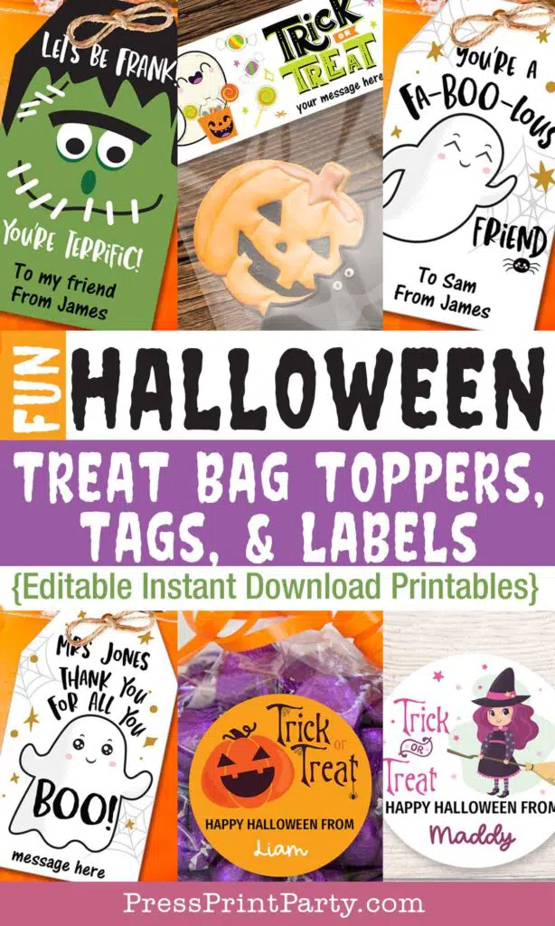 Fun halloween treat bag toppers tags and labels. editable printable download printables - Press Print Party!