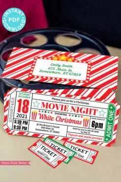Christmas Movie Night Invitation Printable Ticket, Editable Christmas Party Invite, Ticket Stub, Movie Ticket Template, with envelope - INSTANT DOWNLOAD