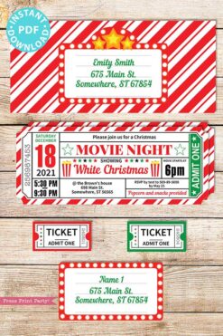 Christmas Movie Night Invitation Printable Ticket, Editable Christmas Party Invite, Ticket Stub, Movie Ticket Template, with envelope and digital invite and tickets INSTANT DOWNLOAD
