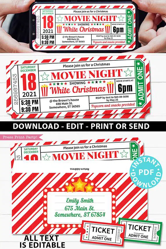 Christmas Movie Night Invitation Printable Ticket, Editable Christmas Party Invite, Ticket Stub, Movie Ticket Template, digital invitation INSTANT DOWNLOAD