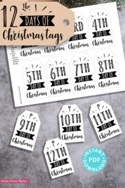 12 days of Christmas Tags Printable, Rustic, Secret Santa Gift Tags, 12 Days of Christmas Poem Tags, Books, Wine, Ornament, INSTANT DOWNLOAD press print party