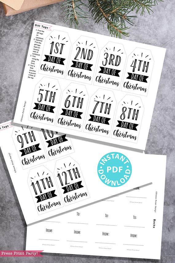 12 days of Christmas Tags Printable, Rustic, Secret Santa Gift Tags, 12 Days of Christmas Poem Tags, Books, Wine, Ornament, INSTANT DOWNLOAD press print party
