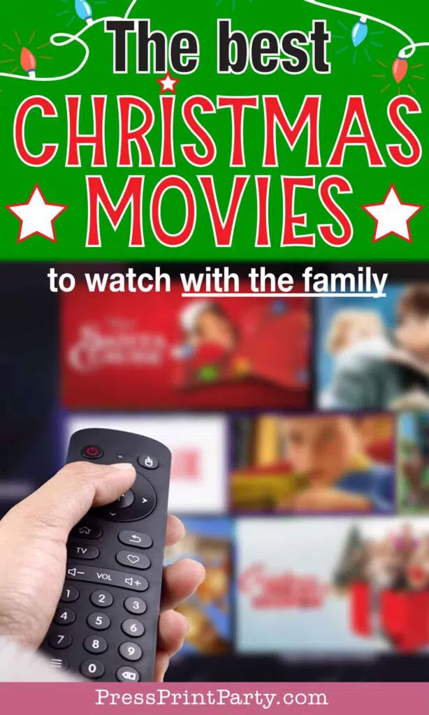 The best christmas movies to watch with the whole family, kids and adults. tv remote with tv inthe background.Press Print Party