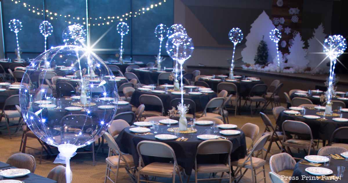 How to set up a sparkling christmas banquet with LED Bobo balloons with string lights. Press Print Party!