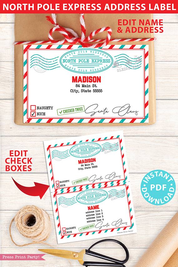 EDITABLE Christmas Address Label Printable, North Pole Express Mail, Gift Labels Template, From Santa Claus, Kids stickers, INSTANT DOWNLOAD