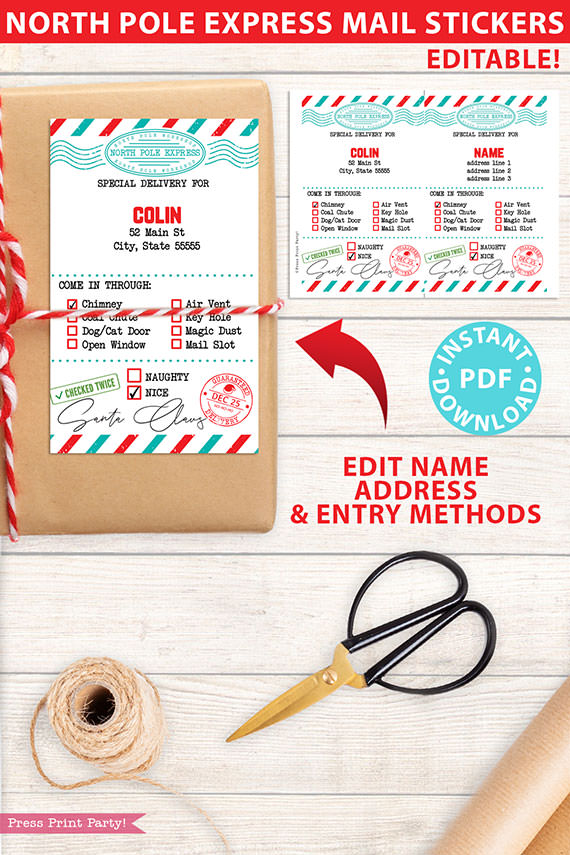 EDITABLE Christmas Address Label Printable, North Pole Express Mail, Gift Labels Template, Kids Sticker, from Santa Claus, INSTANT DOWNLOAD