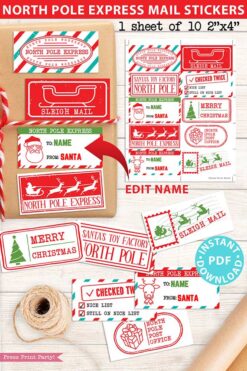 EDITABLE Christmas Stickers Template, 10 Printable North Pole Express Mail Sticker Pack for Gifts From Santa Claus, INSTANT DOWNLOAD
