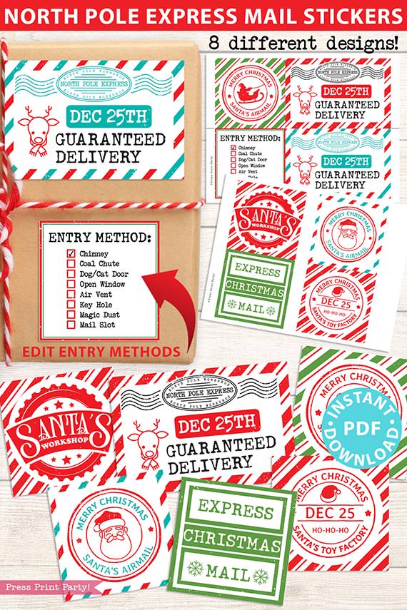 Christmas Stickers Template, 8 Printable North Pole Express Mail Sticker Pack for Gifts from Santa, Merry Christmas, INSTANT DOWNLOAD