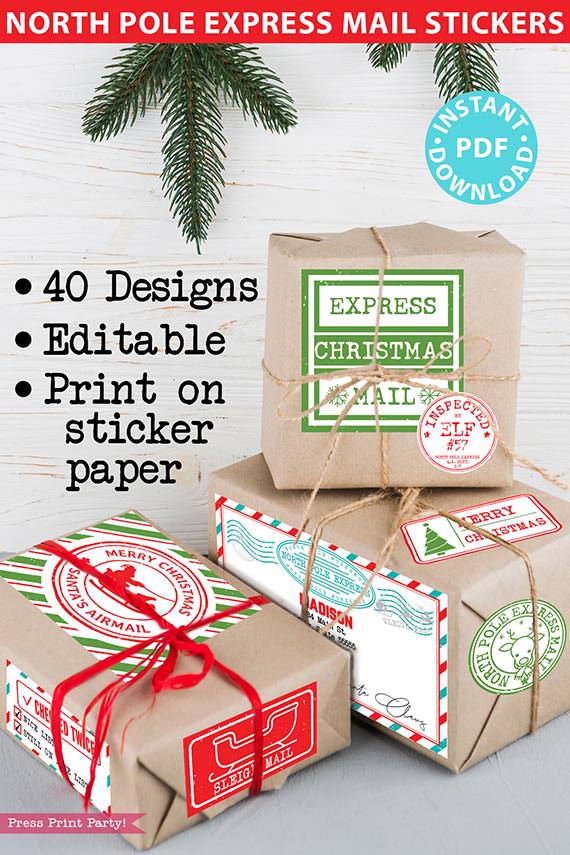 EDITABLE Christmas Gift Labels Template, Printable North Pole Express Mail Sticker Pack, from Santa Claus, Gift Tags, INSTANT DOWNLOAD