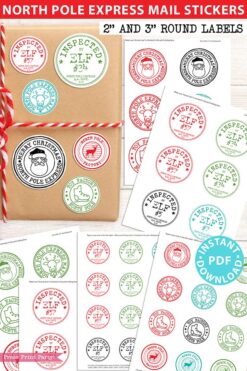 CHRISTMAS Stickers Template Printable, Round North Pole Express Mail Stickers, Gifts from Santa, Inspected by Elf, Stamps, INSTANT DOWNLOAD