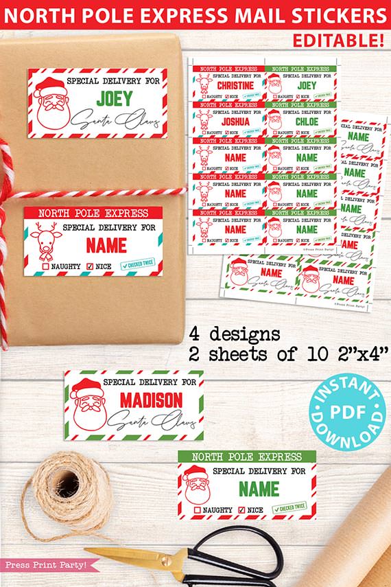 Christmas Name Tags Stickers Printable, North Pole Express Mail