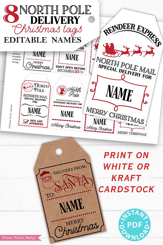 EDITABLE Christmas Gift Tags Printable, for Kids Christmas, Holiday gift Tag, Santa mail, North Pole Mail, Unique Gift Tag, INSTANT DOWNLOAD press print party