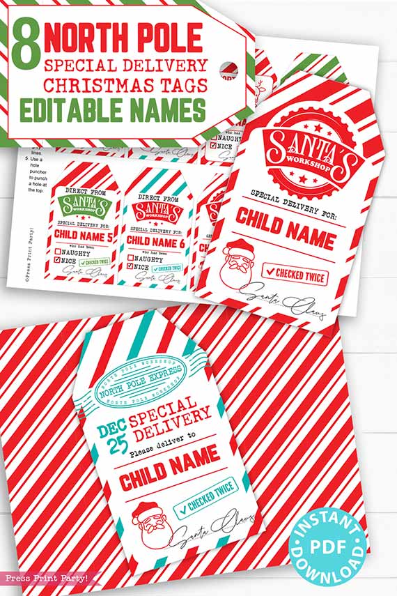 EDITABLE Christmas Gift Tags Printable, From Santa's Workshop Tag, Kids Holiday gift Tag, Santa North Pole Express Mail, INSTANT DOWNLOAD Press Print Party