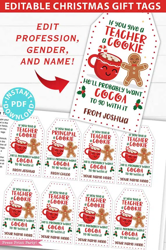 Christmas Teacher Gift Tags Printable for Cookies /Cocoa