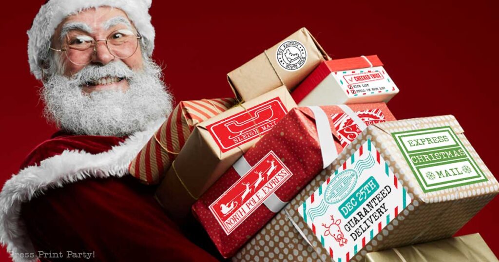 Santa with packages. 4 easy ways to Embellish Your Packages From Santa to make them special Press Print Party.